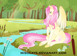 Size: 5000x3662 | Tagged: safe, artist:misucats, fluttershy, pegasus, pony, g4, cutie mark, eyes closed, female, forest, mare, one wing out, profile, raised hoof, river, sitting, smiling, solo, starry mane, unshorn fetlocks