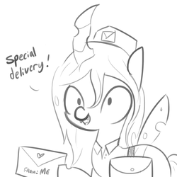 Size: 1650x1650 | Tagged: safe, artist:tjpones, queen chrysalis, changeling, changeling queen, g4, dialogue, female, grayscale, hat, hoof hold, letter, love letter, mail, mailmare, monochrome, simple background, sketch, solo, white background