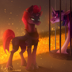 Size: 2000x2000 | Tagged: safe, artist:kary-draws, tempest shadow, twilight sparkle, alicorn, pony, unicorn, g4, my little pony: the movie, armor, cage, eye scar, female, high res, open up your eyes, scar, scene interpretation, twilight sparkle (alicorn)