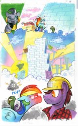 Size: 618x1000 | Tagged: safe, artist:andy price, idw, plumb bob, rainbow dash, tank, zecora, dreary, earth pony, pegasus, pony, tortoise, zebra, g4, angry, circling stars, construction, hard hat, pain