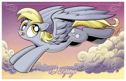 Size: 890x576 | Tagged: safe, artist:andy price, derpy hooves, pegasus, pony, g4, cloud, female, flying, mare, solo, tongue out