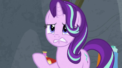 Size: 790x444 | Tagged: safe, screencap, starlight glimmer, pony, unicorn, g4, horse play, season 8, animated, fabric, female, handkerchief, mare, nose blowing, sewing machine, solo, worried