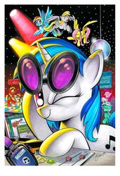 Size: 591x864 | Tagged: safe, artist:andy price, big macintosh, derpy hooves, dj pon-3, fluttershy, lyra heartstrings, pinkie pie, rainbow dash, sweetcream scoops, vinyl scratch, pegasus, pony, unicorn, g4, crazy horse, dancing, disco ball, female, glasses, headphones, mare, mixer, one eye closed, party, record, solo focus, the baboons, the beach boys, the beach colts, the galloping stones, the monkees, the rolling stones, tongue out, wink