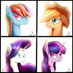 Size: 1280x1280 | Tagged: safe, artist:zidanemina, applejack, rainbow dash, rarity, twilight sparkle, earth pony, pegasus, pony, unicorn, g4, cowboy hat, deviantart watermark, freckles, hat, obtrusive watermark, simple background, stetson, unicorn twilight, watermark, white background