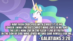 Size: 1280x720 | Tagged: safe, edit, edited screencap, screencap, princess celestia, pony, g4, horse play, bible verse, christianity, epistle to the galatians, female, image macro, jesus christ, meme, religion, religion in the comments, solo, text