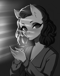 Size: 997x1280 | Tagged: safe, artist:glorious-rarien, oc, oc only, earth pony, anthro, anthro oc, black and white, blouse, cigarette, clothes, female, grayscale, mare, monochrome, noir, short hair, smoking, solo