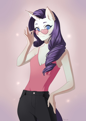 Size: 904x1280 | Tagged: safe, artist:glorious-rarien, rarity, unicorn, anthro, g4, clothes, female, looking at you, mare, pants, smiling, solo, sunglasses
