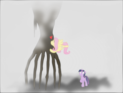 Size: 1920x1441 | Tagged: safe, artist:eagle1division, fluttershy, twilight sparkle, alien, pegasus, pony, unicorn, g4, arrival (movie), crossover, female, floppy ears, flying, fog, heptapod b, hug, mare, raised hoof, scared, trio, unicorn twilight