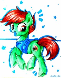 Size: 2322x2962 | Tagged: safe, artist:liaaqila, oc, oc only, oc:pastel dice, earth pony, pony, clothes, commission, cute, cutie mark, fluffy, high res, looking at you, male, red eyes, shirt, smiling, solo, stallion, stars, traditional art, trotting