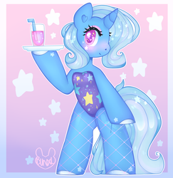 Size: 3400x3500 | Tagged: safe, artist:bunxl, trixie, pony, unicorn, semi-anthro, g4, arm hooves, bipedal, clothes, cute, diatrixes, female, fishnet stockings, glass, heart eyes, high res, leotard, looking at you, mare, solo, starry eyes, tray, waitress, wingding eyes