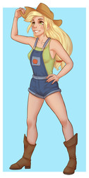 Size: 1329x2629 | Tagged: safe, artist:monnian, applejack, human, g4, cowboy hat, female, hat, human female, humanized, overalls, smiling, solo, stetson