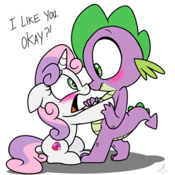 Size: 900x900 | Tagged: safe, artist:emositecc, spike, sweetie belle, dragon, pony, unicorn, g4, blushing, boop, confession, derail in the comments, duo, female, filly, looking at each other, love confession, male, noseboop, ship:spikebelle, shipping, simple background, straight, subtle as a train wreck, transparent background