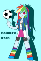 Size: 1500x2200 | Tagged: source needed, safe, artist:rdash2116108, rainbow dash, equestria girls, g4, belly button, clothes, female, football, midriff, panty and stocking with garterbelt, parody, rainbow socks, socks, solo, sports, striped socks, style emulation