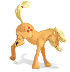 Size: 1249x1280 | Tagged: safe, artist:verumtee, applejack, earth pony, pony, g4, butt, female, hoers, missing accessory, plot, realistic, realistic anatomy, simple background, solo