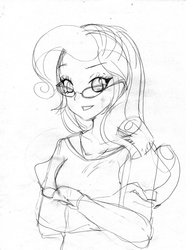 Size: 1024x1325 | Tagged: safe, artist:love2eategg, rarity, equestria girls, g4, black and white, glasses, grayscale, looking at you, monochrome, sketch, smiling, solo