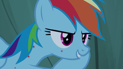 Size: 1280x720 | Tagged: safe, screencap, rainbow dash, pony, campfire tales, g4, close-up, female, fly-der bite, solo, spoiler alert