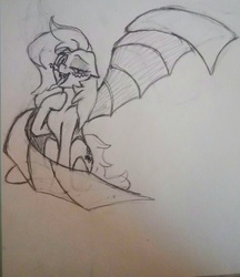 Size: 2938x3402 | Tagged: safe, artist:crazyparrot, fluttershy, bat pony, pony, g4, female, flutterbat, grayscale, high res, looking at you, mare, monochrome, open mouth, race swap, raised leg, sketch, smiling, solo, spread wings, tongue out, traditional art, wings
