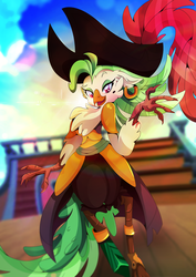 Size: 1358x1920 | Tagged: safe, artist:rariedash, captain celaeno, g4, my little pony: the movie, cloud, ear piercing, earring, female, hat, jewelry, mole, piercing, pirate hat, plume, raised eyebrow, ship, sky, solo
