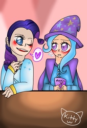 Size: 705x1036 | Tagged: safe, artist:lazykittyartist, rarity, trixie, human, vampire, g4, blushing, clothes, fangs, female, heart, humanized, lesbian, looking at each other, one eye closed, pictogram, rarixie, shipping, wink