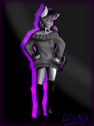 Size: 1200x1600 | Tagged: safe, artist:dankpegasista, octavia melody, earth pony, anthro, g4, bangs, boots, choker, clothes, female, grey fur, hand on hip, latex, looking at you, makeup, nail polish, nails, oversized clothes, purple eyes, shoes