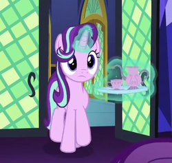 Size: 425x403 | Tagged: safe, screencap, starlight glimmer, pony, unicorn, g4, shadow play, cropped, cup, door, female, food, glass, glowing horn, horn, magic, mare, solo, tea, teacup, teapot, telekinesis, tray, twilight's castle