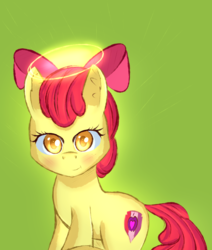 Size: 757x891 | Tagged: safe, artist:brok-enwings, apple bloom, earth pony, pony, g4, adorabloom, blushing, cute, female, filly, green background, halo, looking at you, simple background, sitting, solo, the cmc's cutie marks