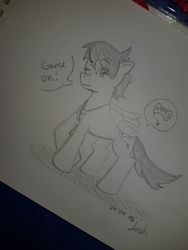 Size: 960x1280 | Tagged: safe, artist:inkgamer, oc, oc only, pegasus, pony, male, one eye closed, solo, speech bubble, stallion, traditional art, wink