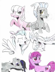 Size: 1680x2186 | Tagged: safe, artist:sixes&sevens, derpibooru exclusive, berry punch, berryshine, cheerilee, cloudchaser, flitter, rumble, thunderlane, earth pony, pony, g4, colored pencil drawing, traditional art
