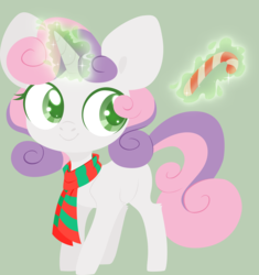 Size: 4000x4249 | Tagged: safe, artist:belka-sempai, sweetie belle, pony, unicorn, g4, absurd resolution, blank flank, candy, candy cane, clothes, cute, female, filly, foal, food, glowing horn, hooves, horn, levitation, lineless, magic, scarf, simple background, smiling, solo, sweetie belle's magic brings a great big smile, telekinesis