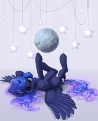 Size: 2000x2480 | Tagged: safe, artist:graypillow, princess luna, alicorn, pony, g4, behaving like a cat, cute, female, high res, looking at you, lunabetes, mare, moon, on back, solo, stars