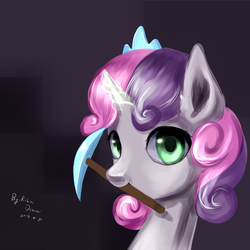 Size: 1863x1863 | Tagged: safe, artist:rikadiane, sweetie belle, pony, g4, crown, female, filly, glowing horn, horn, jewelry, looking at you, magic, minecraft, pickaxe, regalia, solo, telekinesis