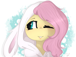 Size: 1024x767 | Tagged: safe, artist:fluttershy369, fluttershy, pegasus, pony, g4, abstract background, animal costume, bunny costume, bust, clothes, costume, cute, female, front view, full face view, hoodie, looking away, looking sideways, mare, one eye closed, portrait, shyabetes, smiling, solo