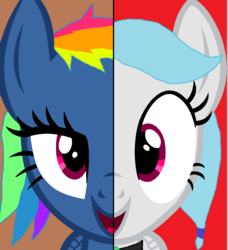 Size: 985x1079 | Tagged: safe, artist:nightshadowmlp, rainbow dash, oc, oc:snowfall wind, two sided posters, g4, secrets and pies, spice up your life, adorapiehater, base used, cute, disguise and real form, duo, duo female, evil pie hater dash, female, it's gonna work, jewelry, necklace, ocbetes, sisters, split screen, two sides
