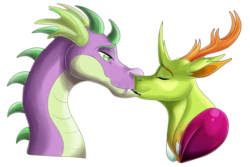 Size: 1350x900 | Tagged: safe, artist:bijutsuyoukai, spike, thorax, changedling, changeling, dragon, g4, adult, adult spike, changeling x dragon, gay, interspecies, king thorax, kissing, male, older, older spike, ship:thoraxspike, shipping, simple background, spikelove, transparent background