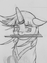 Size: 960x1280 | Tagged: safe, artist:dreamingnoctis, twilight sparkle, pony, ask asylum twilight, g4, bust, female, file, horn, horn cap, magic suppression, monochrome, mouth hold, portrait, sketch, solo, traditional art