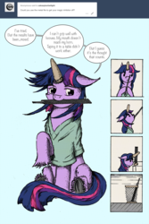 Size: 1103x1655 | Tagged: safe, artist:dreamingnoctis, twilight sparkle, pony, ask asylum twilight, g4, female, file, horn, horn cap, magic suppression, mouth hold, sitting, solo, trash can, underhoof