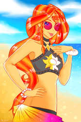 Size: 2362x3543 | Tagged: safe, artist:deeemperor, sunset shimmer, equestria girls, equestria girls specials, g4, my little pony equestria girls: better together, my little pony equestria girls: forgotten friendship, :p, armpits, beach, bikini, bracelet, braid, clothes, cloud, cute, ear piercing, earring, female, high res, jewelry, looking at you, midriff, ocean, one eye closed, piercing, pixiv, sand, shimmerbetes, silly, sky, solo, sparkling, summer sunset, sunglasses, swimsuit, tongue out, water, wink