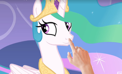 Size: 693x422 | Tagged: safe, edit, edited screencap, screencap, princess celestia, human, g4, horse play, beautiful, boop, boop edit, cute, hand, happy, meta