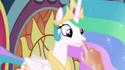 Size: 1280x720 | Tagged: safe, edit, edited screencap, screencap, princess celestia, human, g4, horse play, boop, boop edit, cute, hand, happy, meta