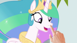 Size: 1280x720 | Tagged: safe, edit, edited screencap, screencap, princess celestia, human, g4, horse play, boop, boop edit, cute, hand, happy, meta, open mouth