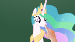 Size: 1280x720 | Tagged: safe, edit, edited screencap, screencap, princess celestia, human, g4, horse play, acting, boop, boop edit, cute, hand, looking back, meta, surprised