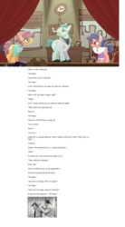 Size: 1364x2473 | Tagged: safe, screencap, late show, on stage, raspberry beret, g4, made in manehattan, abbott and costello, acting, clothes, curtains, fur coat, glasses, lighting, method mares, necktie, play, shirt, stage, suit, sweater, who's on first?