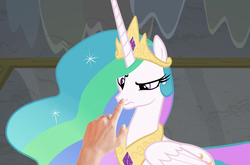 Size: 1016x670 | Tagged: safe, edit, edited screencap, screencap, princess celestia, human, g4, horse play, boop, boop edit, celestia is not amused, cute, disappointed, hand, meta, non-consensual booping, pure unfiltered evil, raised eyebrow, unamused