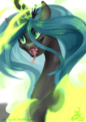 Size: 842x1190 | Tagged: safe, artist:chirpy-chi, queen chrysalis, changeling, changeling queen, g4, crown, female, fire, green fire, jewelry, magic, regalia, solo, tongue out