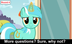 Size: 1600x973 | Tagged: safe, lyra heartstrings, pony, unicorn, comic:celestia's servant interview, g4, caption, cs captions, female, interview, looking at you, magic, mare, ponyville, solo