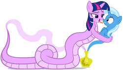 Size: 1188x676 | Tagged: safe, artist:navitaserussirus, edit, trixie, twilight sparkle, genie, lamia, original species, asktwixiegenies, g4, blushing, female, forked tongue, lamiafied, lesbian, ship:twixie, shipping, species swap, tongue out, twilamia, twilight snakle