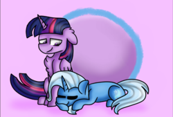 Size: 1024x693 | Tagged: safe, artist:tater, trixie, twilight sparkle, alicorn, pony, unicorn, g4, chest fluff, duo, female, floppy ears, lesbian, requested art, ship:twixie, shipping, sleeping, twilight sparkle (alicorn)