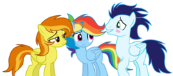 Size: 2480x1088 | Tagged: safe, artist:rainbows-skies, rainbow dash, soarin', spitfire, pegasus, pony, g4, alternate hairstyle, base used, blushing, female, male, ship:soarinfire, shipping, show accurate, simple background, straight, transparent background