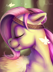 Size: 3700x5000 | Tagged: safe, artist:new-house, fluttershy, butterfly, pegasus, pony, g4, bust, eyes closed, female, headband, mare, portrait, smiling, solo, stray strand, turned head, wings