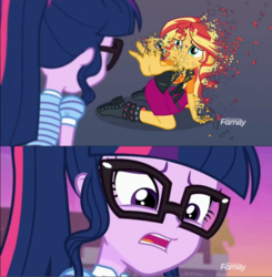 Size: 669x684 | Tagged: safe, edit, edited screencap, screencap, sci-twi, sunset shimmer, twilight sparkle, human, equestria girls, equestria girls series, forgotten friendship, g4, avengers: infinity war, comparison, disintegration, duo, i don't feel so good, i don't want to go, imminent death, spoilers for another series